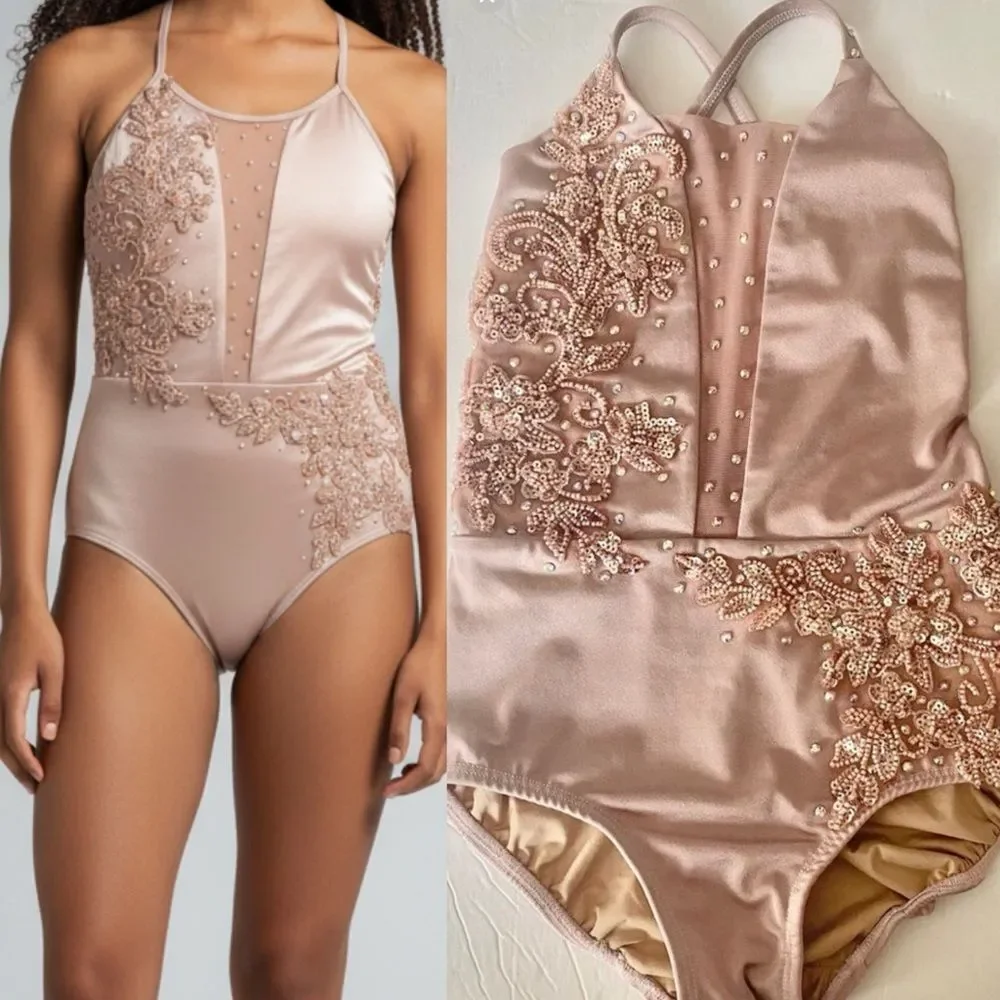 Custom solo custom dance costume leotard blush illusion rhinestone MC med child